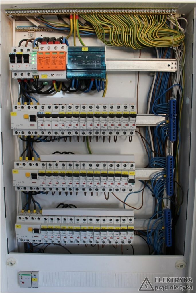 Otwarta skrzynka elektryczna z zainstalowanymi bezpiecznikami, ogranicznikami przepięć i licznymi przewodami. Widoczne listwy zaciskowe i oznaczenia na elementach. Na dole naklejka ostrzegawcza.