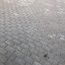 Ułożona szara kostka betonowa w jodełkę, widoczne drobne zabrudzenia i piasek w szczelinach.