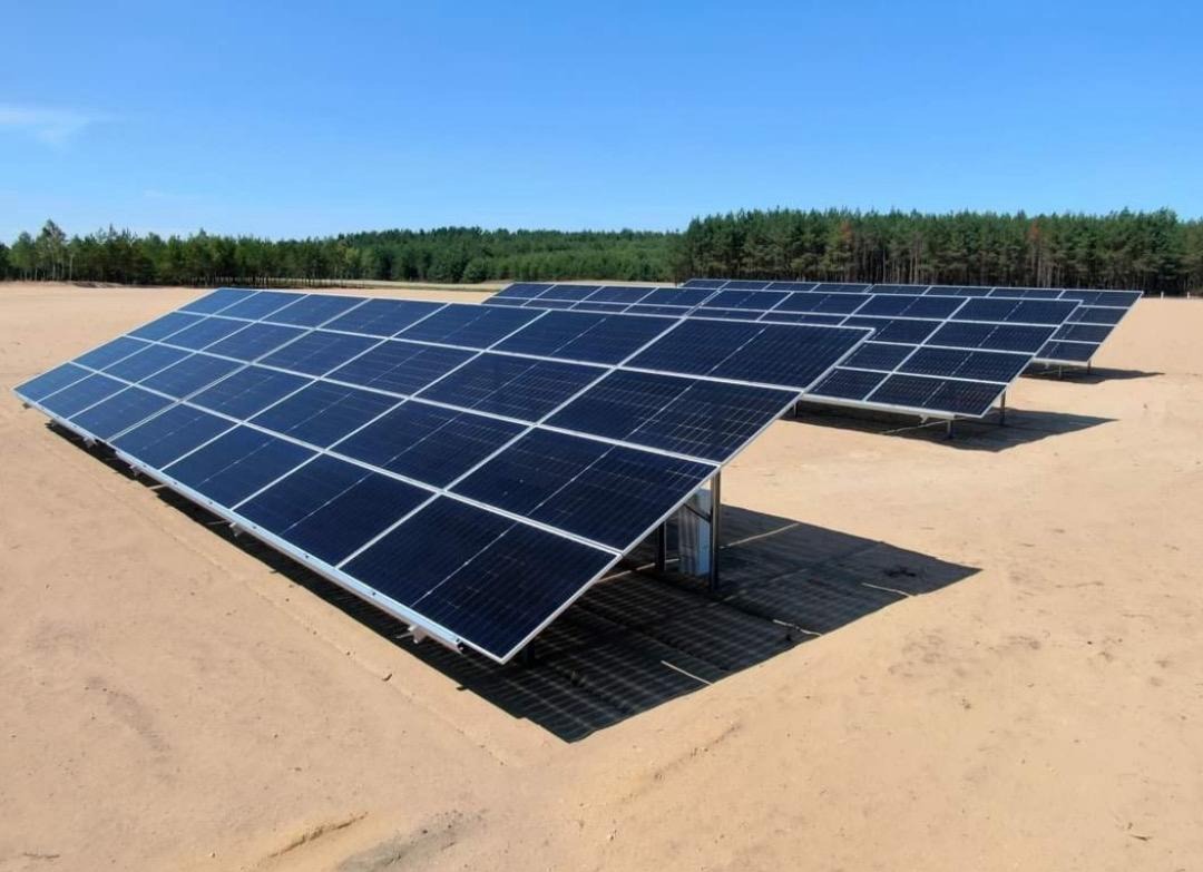 Rozległa farma fotowoltaiczna z panelami ustawionymi rzędami na piaszczystym terenie, z lasem w tle pod błękitnym niebem. Widok z perspektywy.