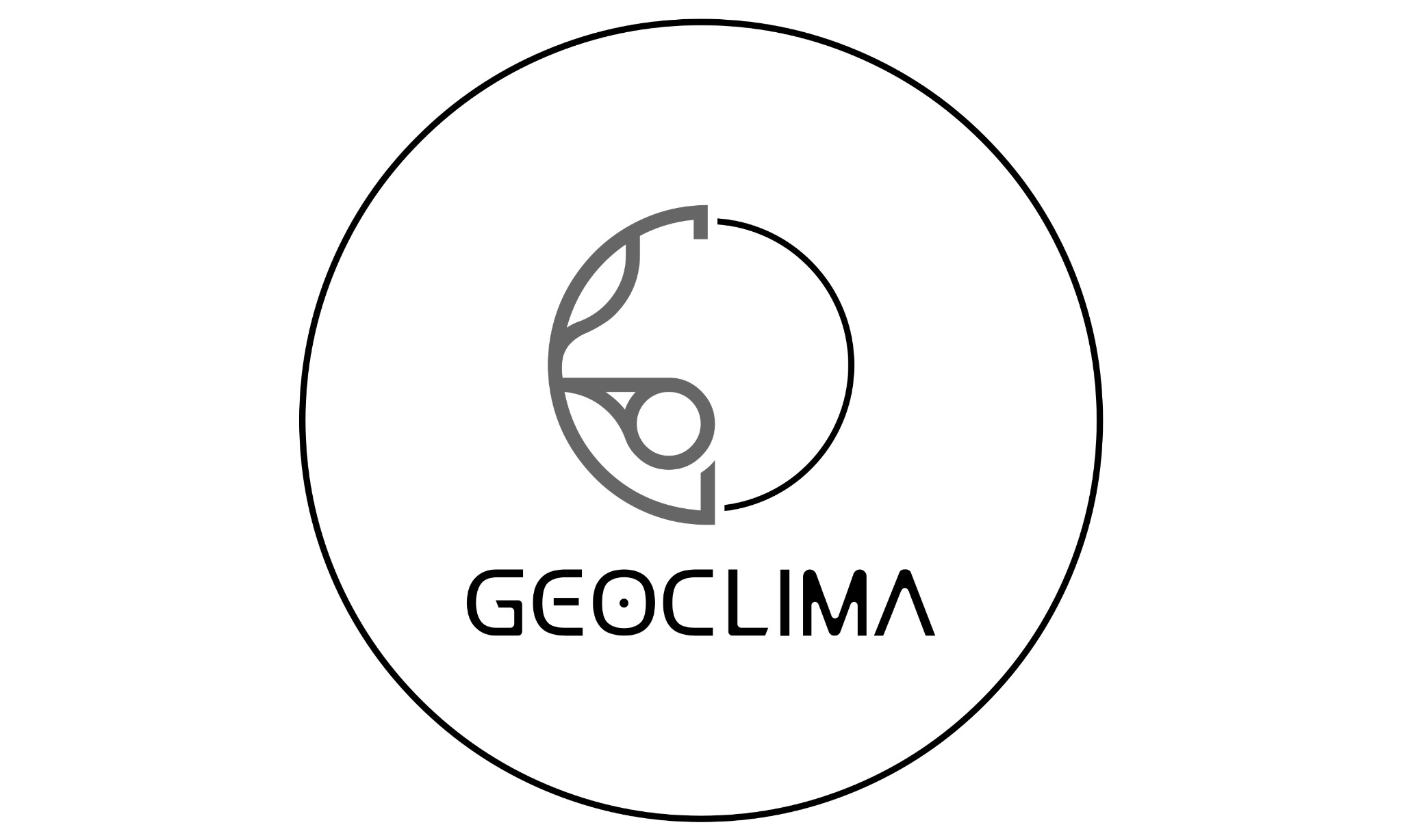 Graficzne logo firmy Geoclima w kształcie okręgu, z abstrakcyjnym symbolem wewnątrz i nazwą firmy poniżej.