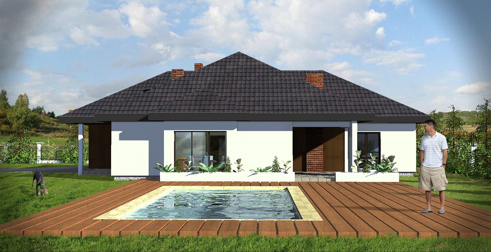 Wizualizacja parterowego domu z basenem i drewnianym tarasem, mężczyzna w szortach na tarasie, pies na trawniku, dachówka ceramiczna, biała elewacja, rośliny w donicach.