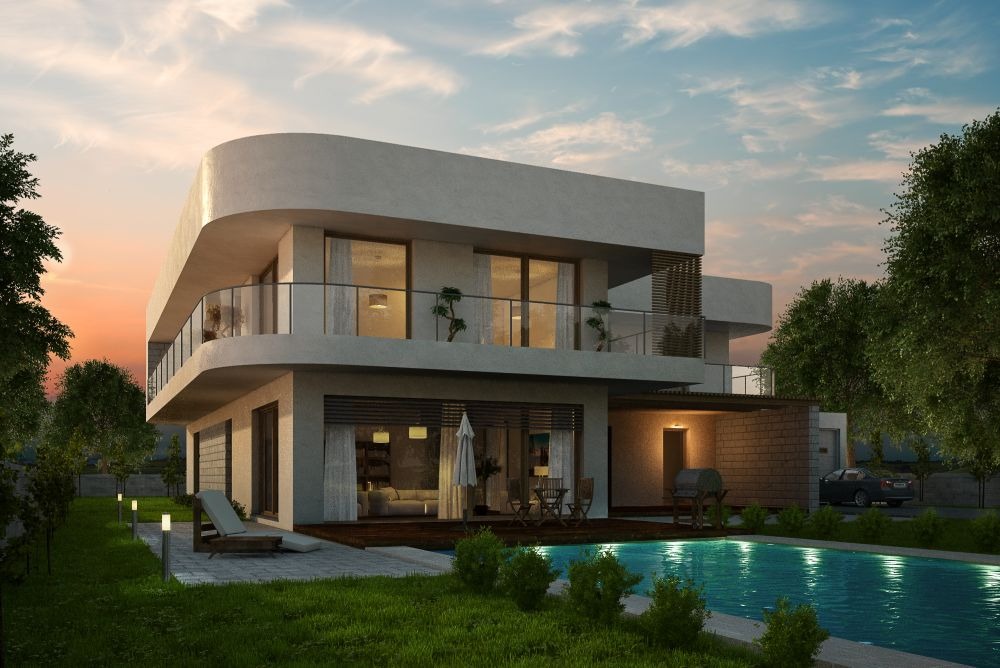 Dwukondygnacyjny dom z płaskim dachem i zaokrąglonym narożnikiem, przeszklona balustrada balkonu, basen z podświetleniem, grill na zewnątrz, wieczorne oświetlenie, nowoczesna architektura, widok...