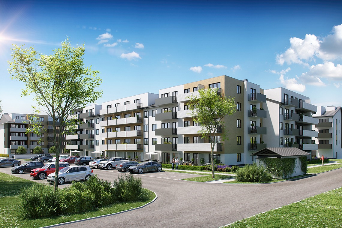Wizualizacja osiedla wielorodzinnego z parkingiem i zielenią, prezentująca nowoczesną architekturę z balkonami i jasną elewacją w słoneczny dzień.