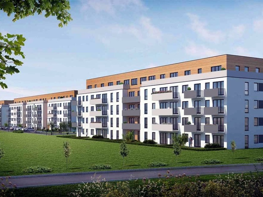Wizualizacja osiedla budynków wielorodzinnych z balkonami, zieleń przed budynkami, jasna kolorystyka elewacji z drewnianymi elementami wykończeniowymi na dachu.