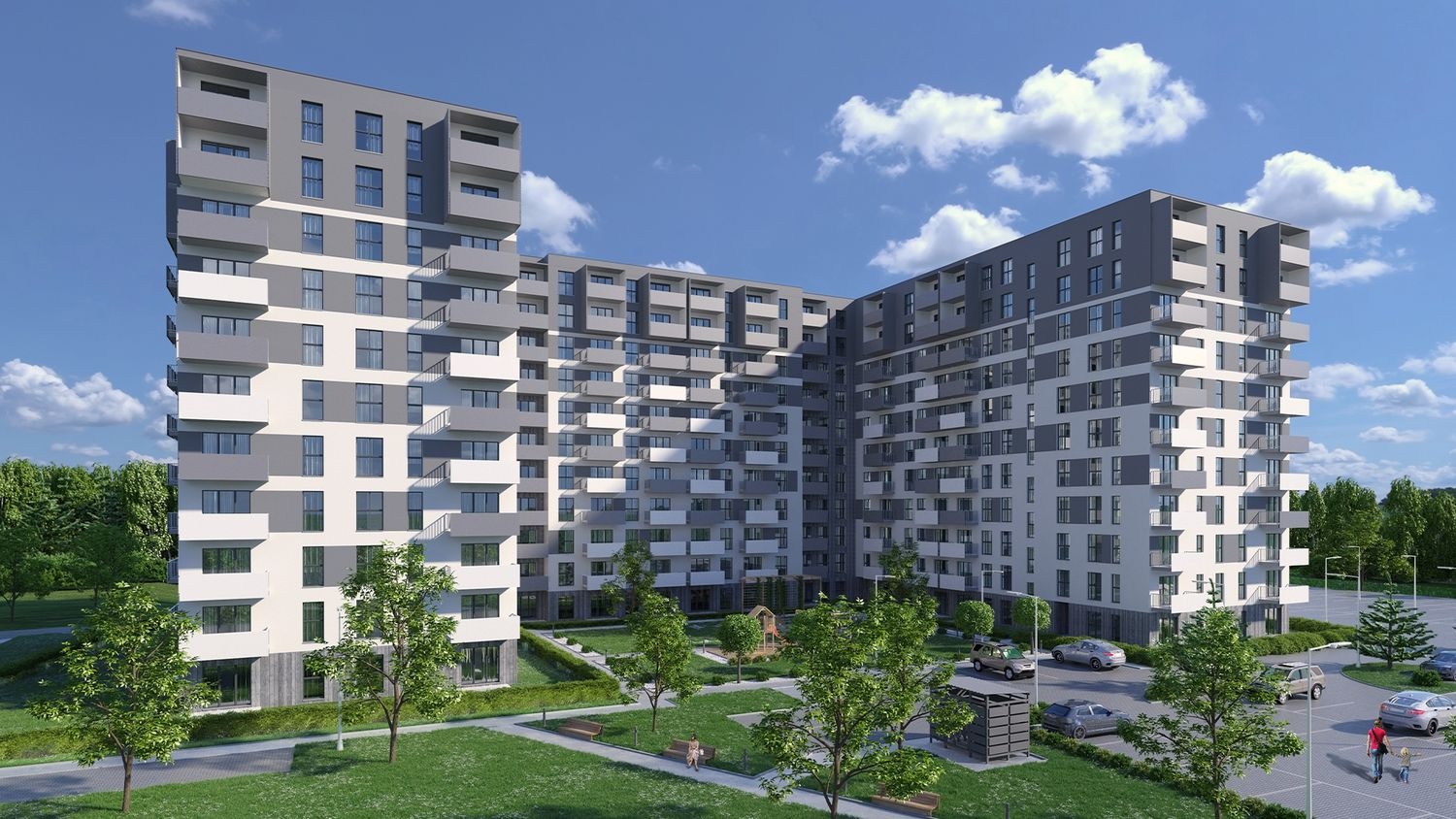 Wizualizacja budynku wielorodzinnego z balkonami w odcieniach szarości i bieli, otoczonego zielenią, placem zabaw i parkingiem, prezentowana w słoneczny dzień.