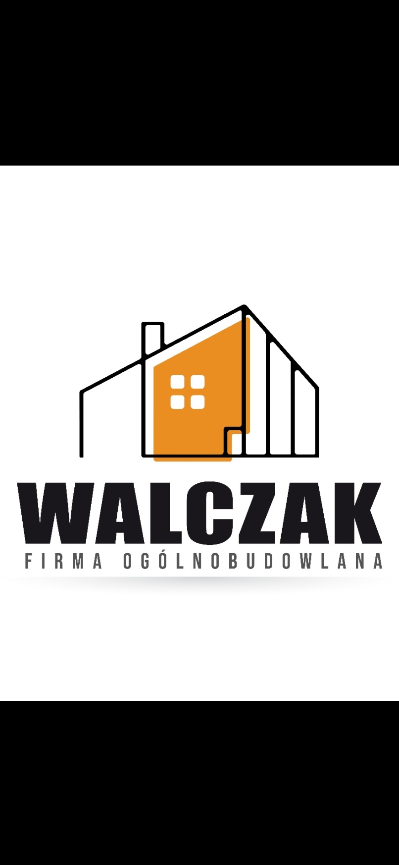 Logo firmy budowlanej Walczak z graficznym symbolem domu w kolorze pomarańczowym i czarnym napisem 'Firma Ogólnobudowlana' poniżej.