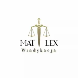 Logo firmy MAT LEX z symbolem wagi i miecza w kolorze złotym, napis Windykacja pod nazwą firmy.