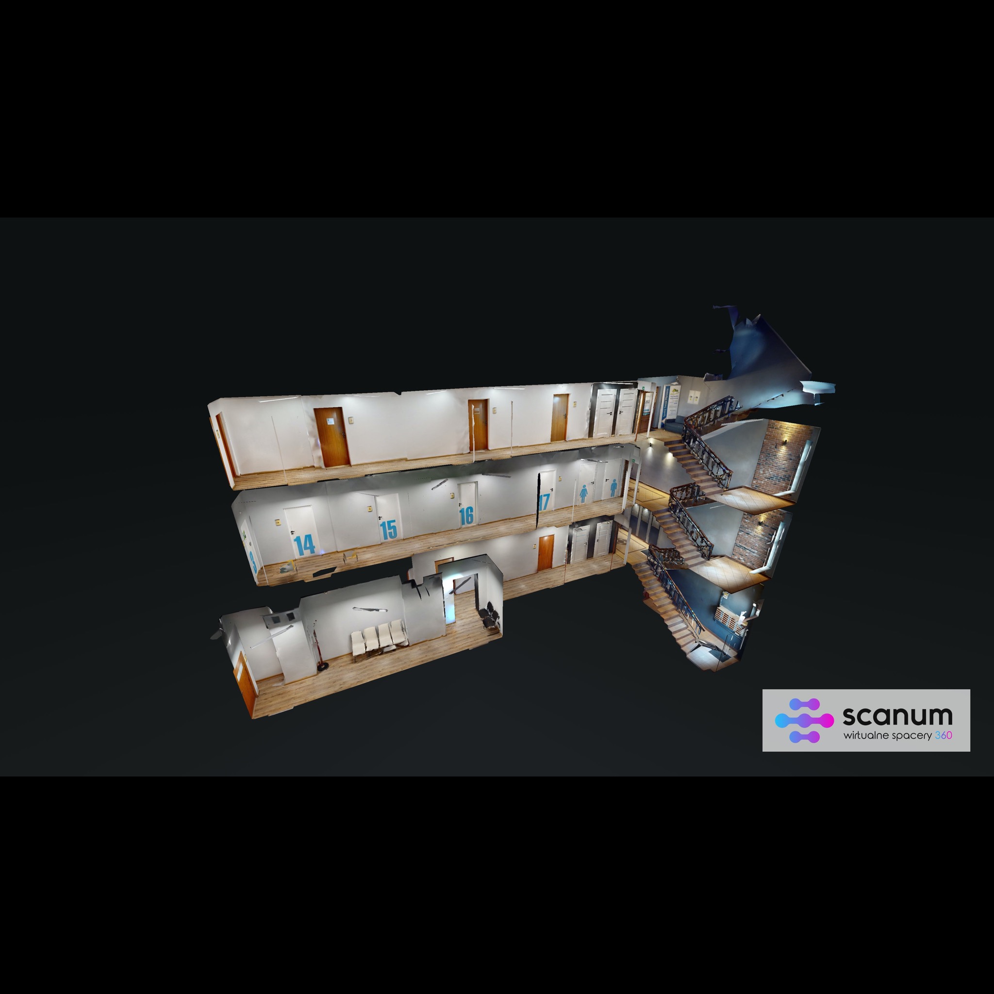 3D model przekroju budynku z numerami pokoi, klatką schodową i logo firmy Scanum.