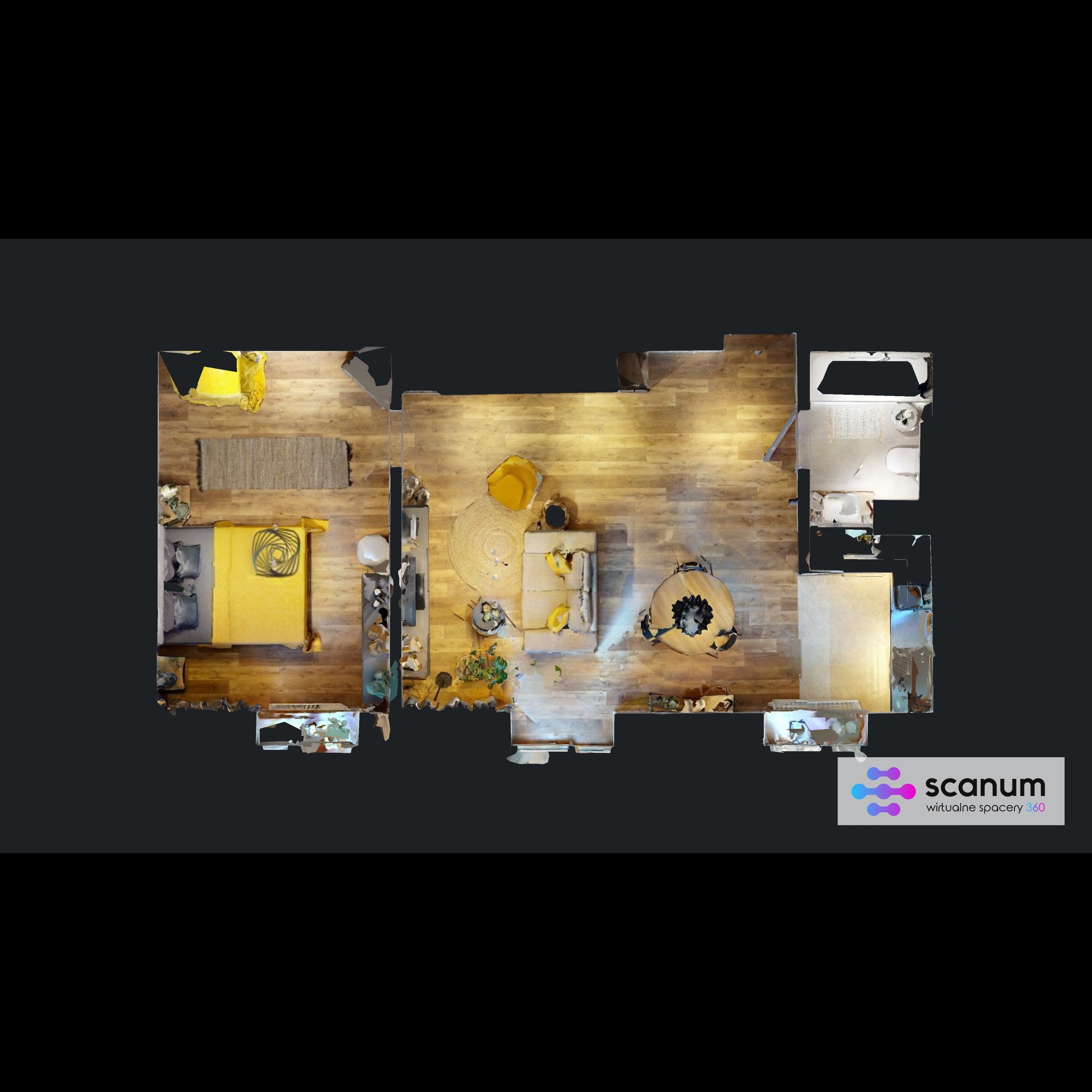 Rzut z góry na plan mieszkania z drewnianą podłogą, żółtymi akcentami w sypialni i salonie, oraz logo Scanum w prawym dolnym rogu.