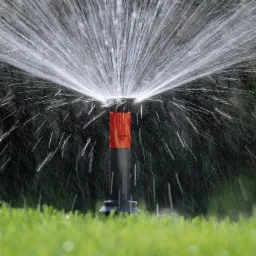 Automatyczny zraszacz rotacyjny nawadnia soczyście zielony trawnik, tworząc fontannę wody na tle ciemnej zieleni.