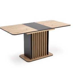 MEBLE NA WYMIAR NV Service - Rozkładany stół z blatem w odcieniach drewna i szarego, na oryginalnej podstawie z pionowych listew i ciemnej kolumny. Nowoczesny design, jasne tło.