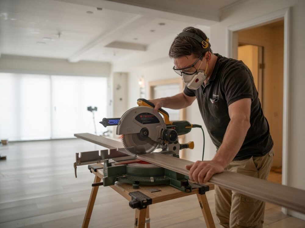 Stolarz w masce i okularach ochronnych tnie deskę na pile stołowej w jasnym wnętrzu. Widoczne panele podłogowe i elementy wykończeniowe.