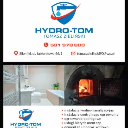 Wizytówka firmy instalacyjnej Hydro-Tom Tomasza Zielińskiego z logo, danymi kontaktowymi i zdjęciami: łazienka z wanną i grzejnikiem drabinkowym oraz otwarty piec centralnego ogrzewania z palącym...