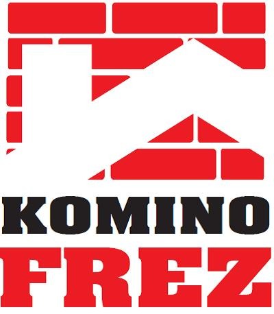 Logo firmy z nazwą 'KOMINO FREZ', z grafiką stylizowanej ściany z cegieł w kolorze czerwonym, tworzącej kształt domu z kominem.