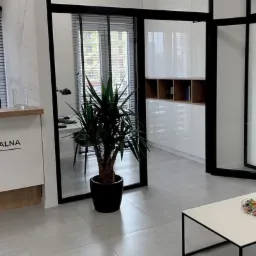 Wnętrze nowoczesnej kancelarii z recepcją, przeszklonymi drzwiami i rośliną doniczkową, widoczny stolik kawowy z dekoracyjnym elementem.