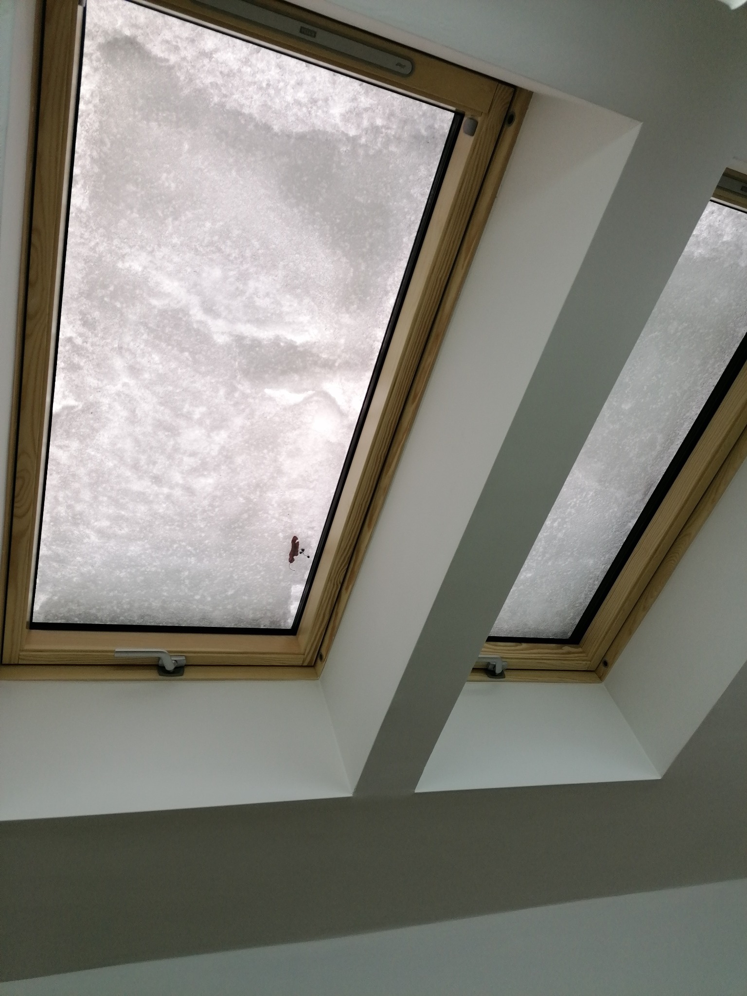 Dwa okna dachowe z drewnianą ramą, zasypane śniegiem z zewnątrz, widoczne z wnętrza pomieszczenia o białych ścianach.
