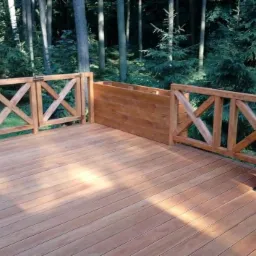 Drewniany taras z balustradą w Dobrzycy, z drzewem przechodzącym przez podłogę, otoczony lasem.