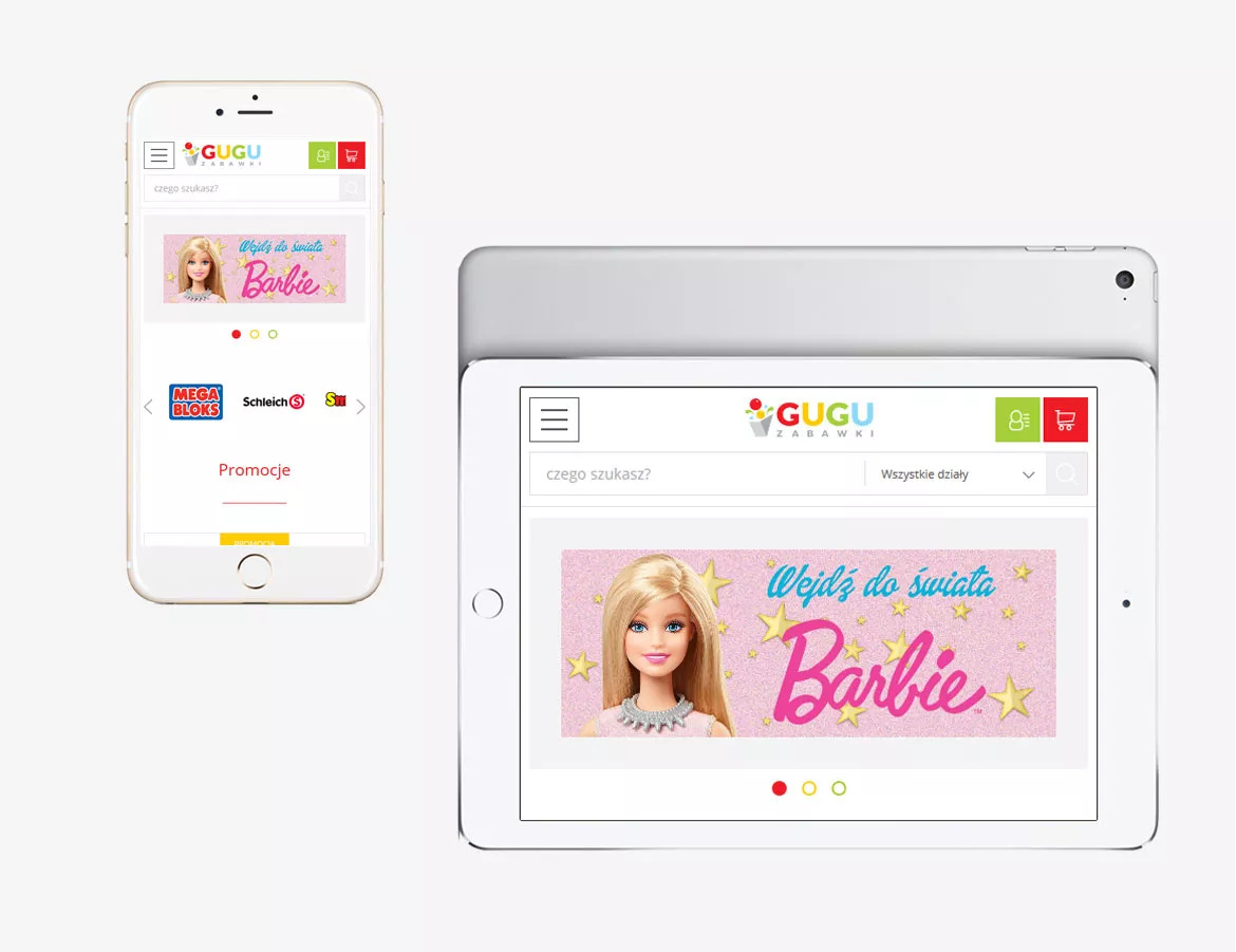 Responsywny projekt strony internetowej sklepu z zabawkami GUGU na smartfonie i tablecie, prezentujący baner reklamowy Barbie na różowym tle z gwiazdami.
