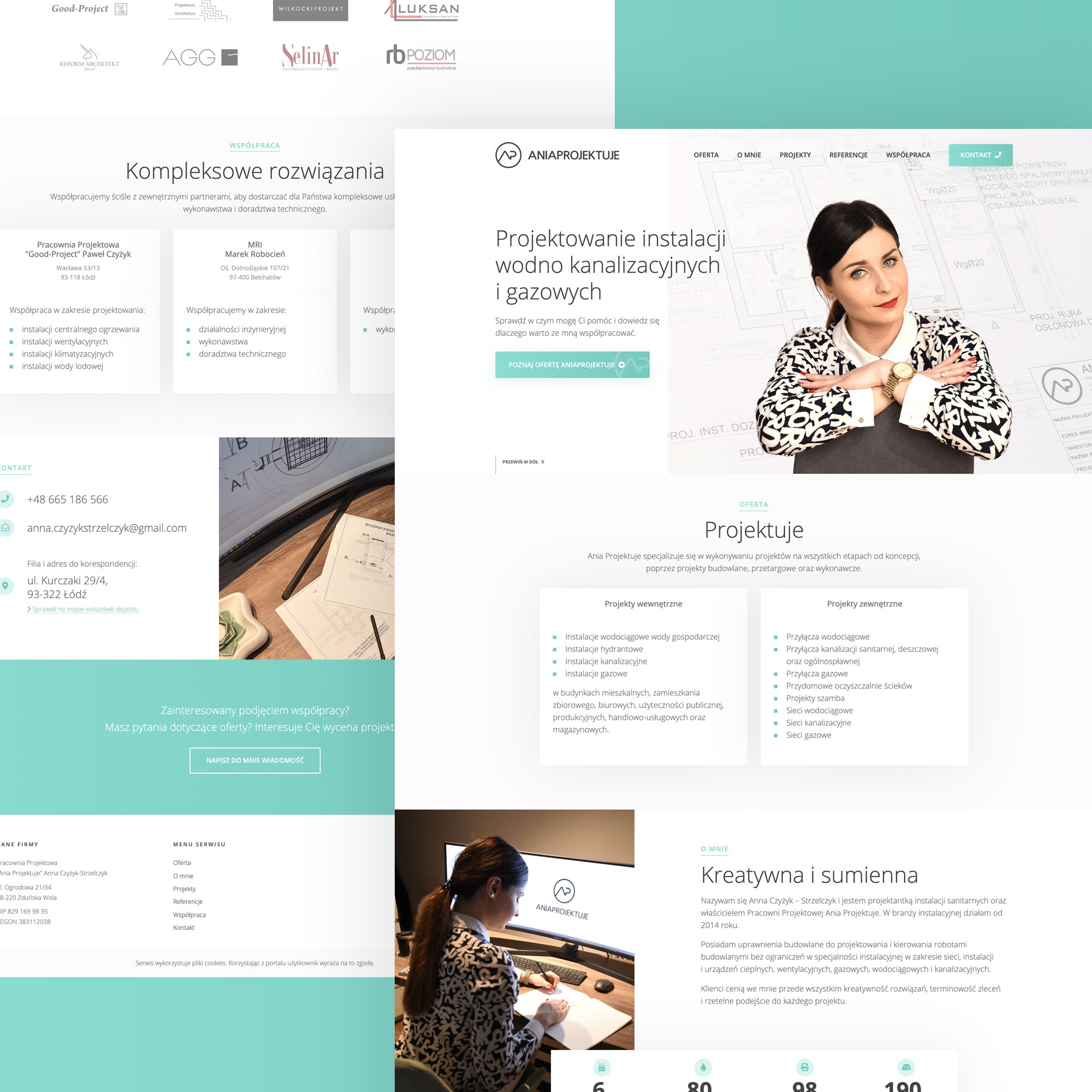 Kobieta w czarno-białej marynarce na tle planów instalacji wodno-kanalizacyjnych i gazowych, prezentacja usług projektowych na stronie internetowej firmy.