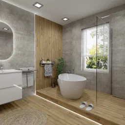 Nowoczesna łazienka z wolnostojącą wanną, podświetlanym lustrem i drewnianymi akcentami, widok na okno z żaluzjami.