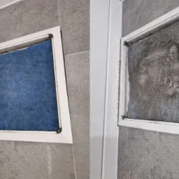 Porównanie filtra wentylacyjnego przed i po czyszczeniu, widoczne osadzone zanieczyszczenia na szarym filtrze po prawej stronie.