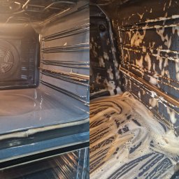 ART CLEAN Sp. z o.o. - Porównanie wnętrza piekarnika przed i w trakcie czyszczenia: po lewej stronie piekarnik brudny, po prawej pokryty pianą czyszczącą.