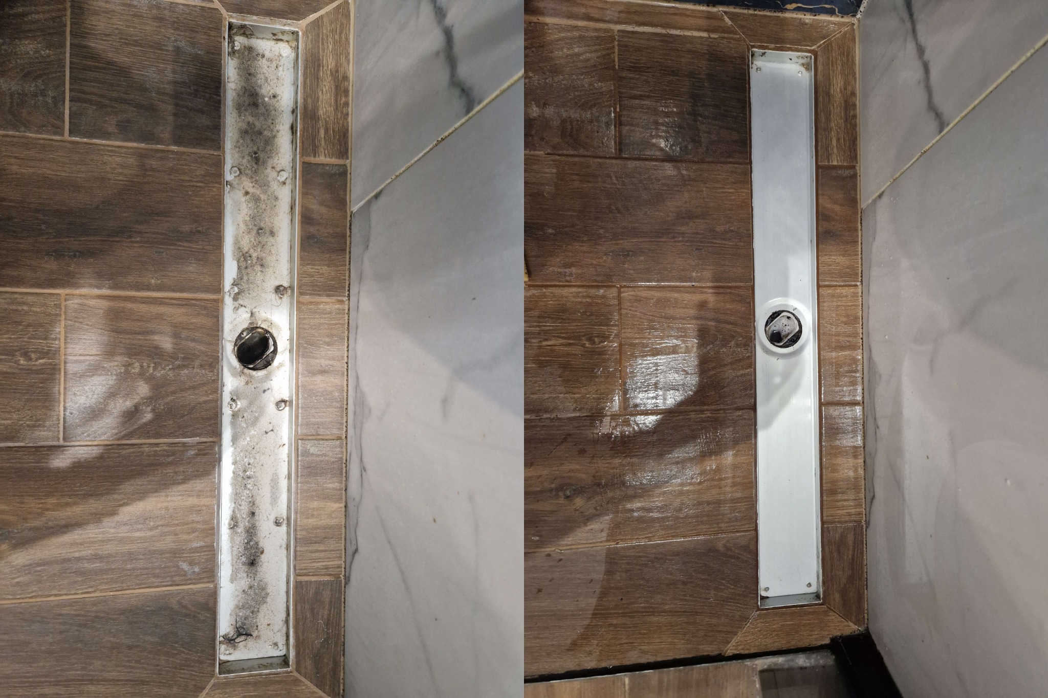 Porównanie stanu odpływu liniowego w kabinie prysznicowej przed i po czyszczeniu, widoczne różnice w czystości i braku osadów.