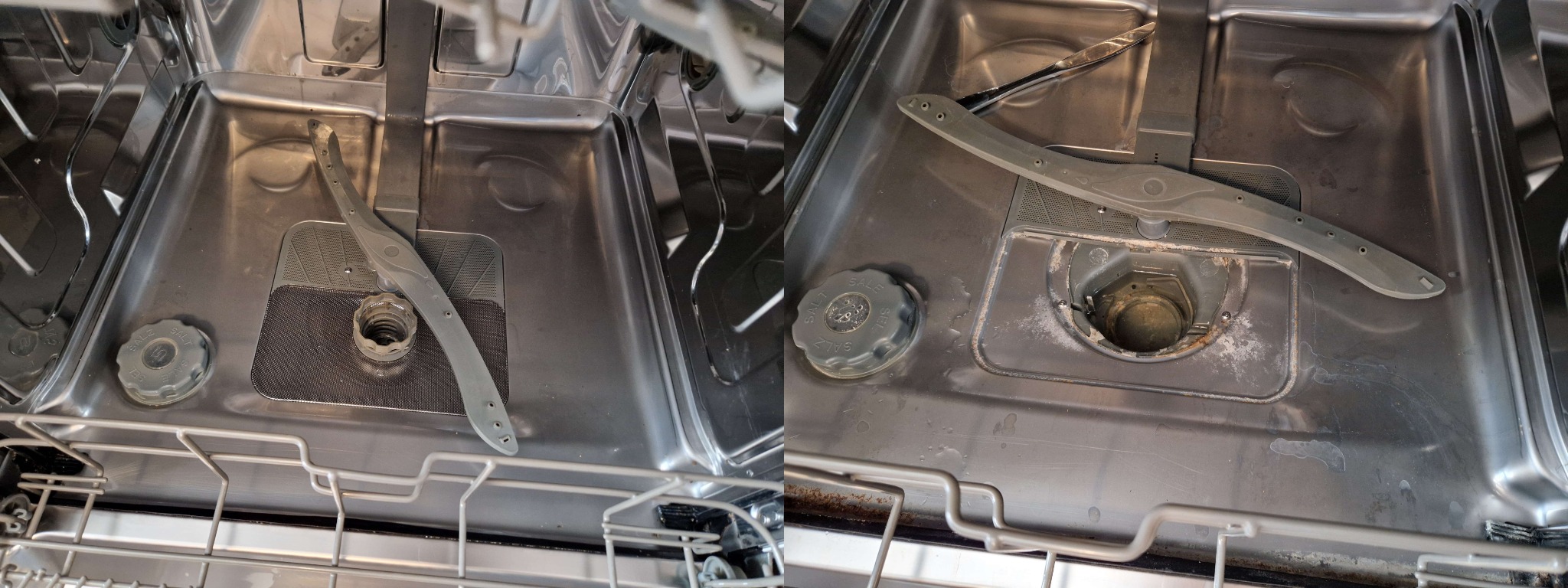 Wnętrze brudnej zmywarki przed czyszczeniem, widoczne osady i resztki jedzenia na dnie i ramionach spryskujących.
