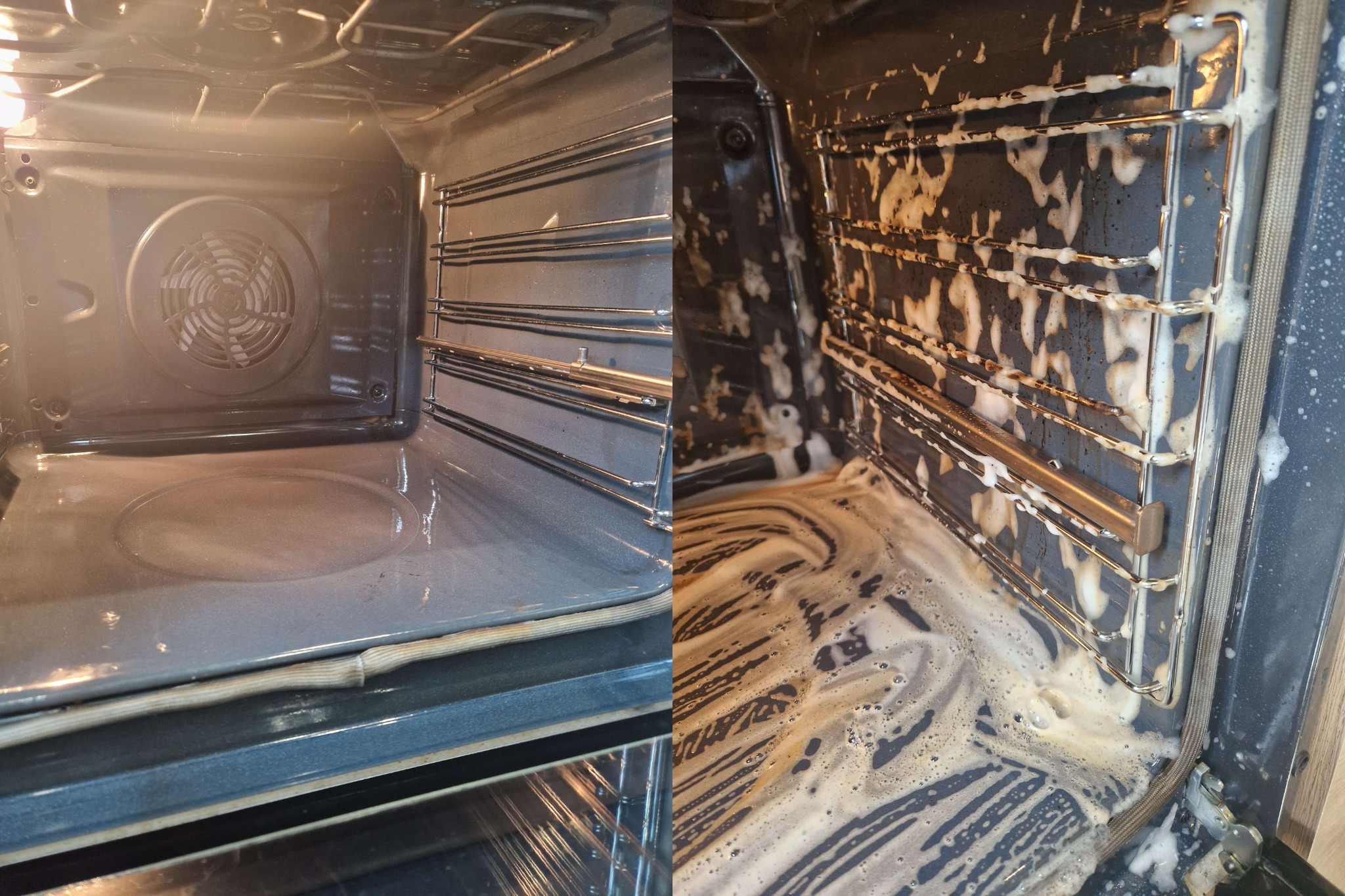 Porównanie wnętrza piekarnika przed i w trakcie czyszczenia: po lewej stronie piekarnik brudny, po prawej pokryty pianą czyszczącą.