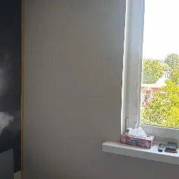 Pomalowana na szaro ściana w pokoju z czarnym pasem pod sufitem, widoczna dekoracyjna żarówka, okno z widokiem na zieleń i pudełko chusteczek na parapecie.