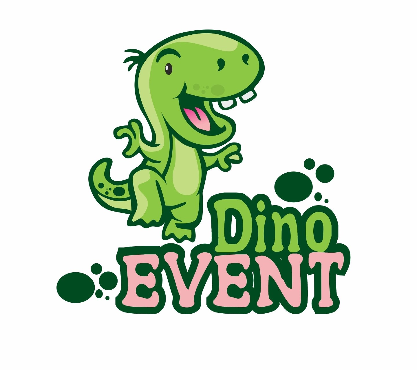 Kreskówkowy, zielony dinozaur z uśmiechem i otwartymi ramionami, umieszczony nad napisem 'Dino EVENT' otoczonym zielonymi kropkami.