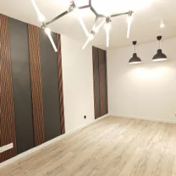 Nowoczesne wnętrze z panelami ściennymi w kolorze ciemnego grafitu i drewna, jasnymi panelami podłogowymi imitującymi drewno oraz designerskim oświetleniem sufitowym.