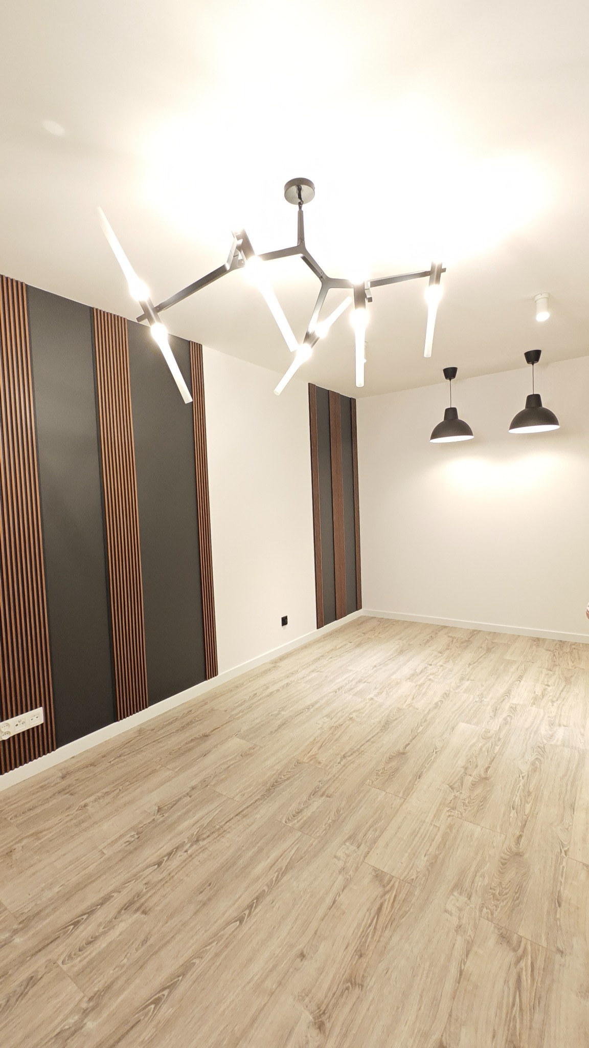 Nowoczesne wnętrze z panelami ściennymi w kolorze ciemnego grafitu i drewna, jasnymi panelami podłogowymi imitującymi drewno oraz designerskim oświetleniem sufitowym.