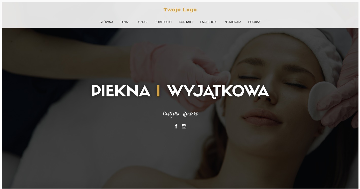 Strona internetowa salonu kosmetycznego z hasłem 'Piękna i Wyjątkowa', prezentująca zabieg kosmetyczny na twarzy modelki, z widocznym menu nawigacyjnym i ikonami mediów społecznościowych.