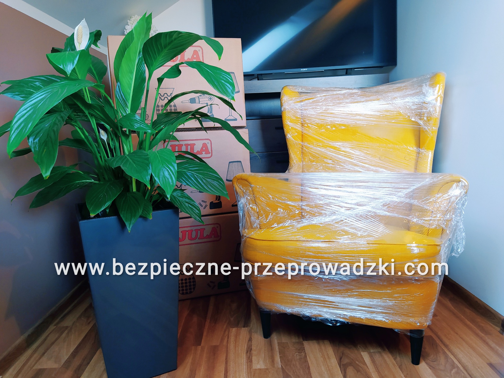 Żółty fotel zabezpieczony folią stretch, obok paczki kartonowe z nadrukiem, doniczka z zieloną rośliną, przygotowane do transportu.