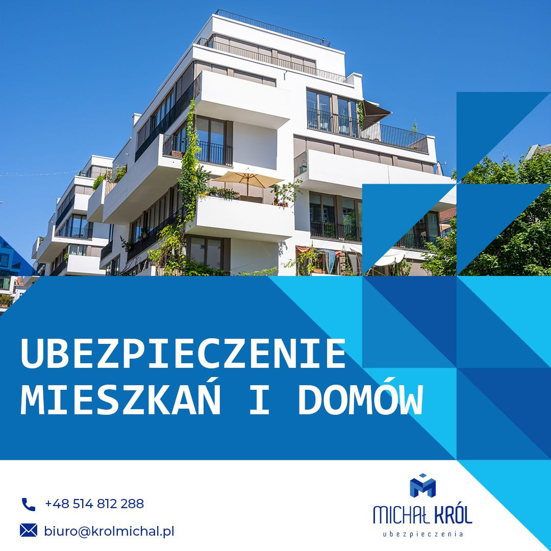 Nowoczesny, biały budynek mieszkalny z balkonami i zielenią, promowany jako przykład nieruchomości do ubezpieczenia, z widocznym tekstem 'Ubezpieczenie mieszkań i domów' oraz danymi kontaktowymi.