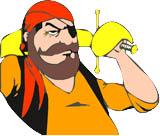 Karykatura pirata z przepaską na oku, czerwoną bandaną i kolczykiem, trzymającego szablę na białym tle.