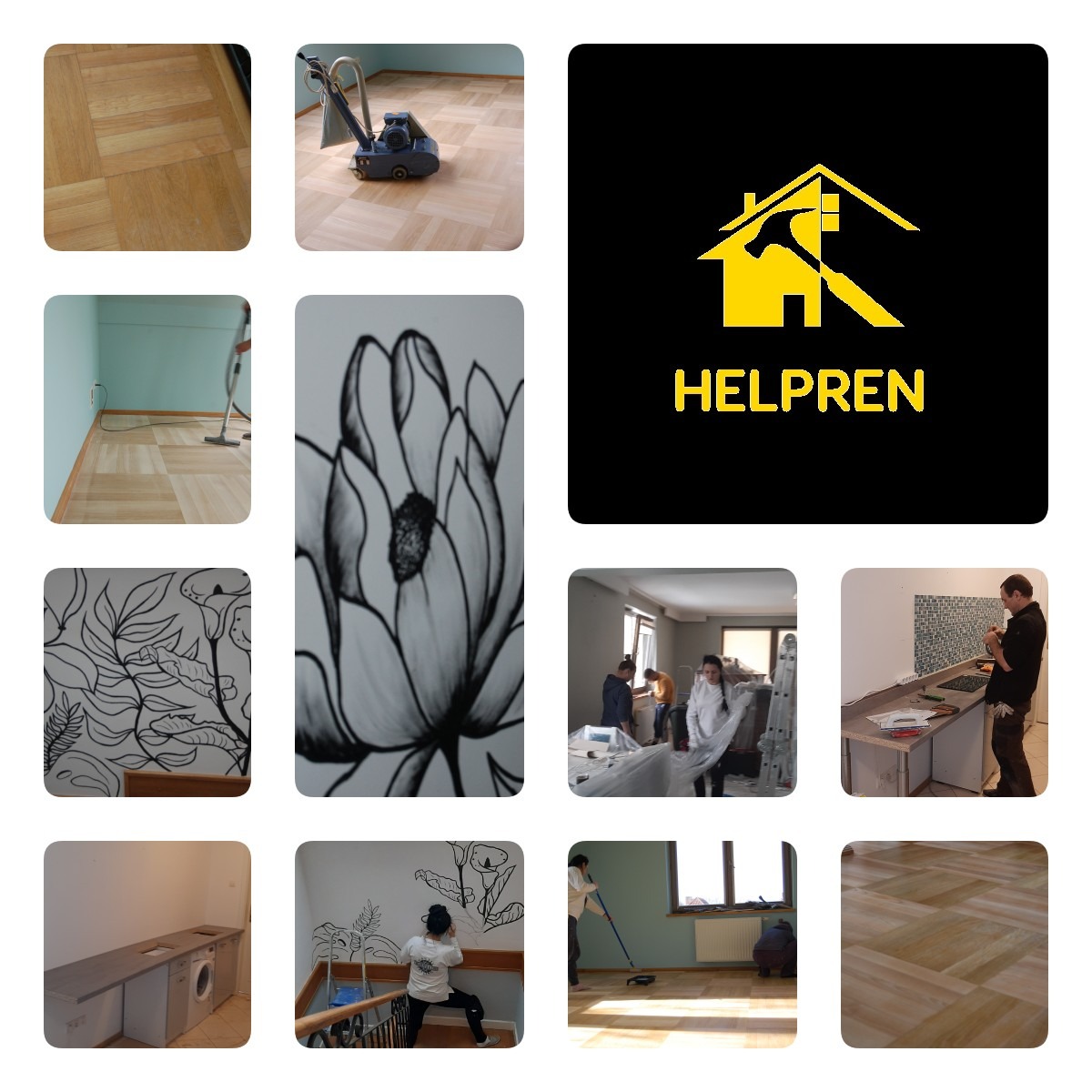 Kolaż zdjęć przedstawiających różne etapy prac remontowych, w tym szlifowanie parkietu, malowanie ścian z motywem kwiatowym, montaż mozaiki oraz logo firmy remontowej.