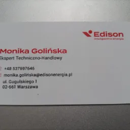 Wizytówka firmy Edison, specjalizującej się w inteligentnej energii, z danymi kontaktowymi eksperta techniczno-handlowego, Moniki Golińskiej.