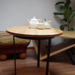 Okrągły stolik kawowy z blatem z jasnego drewna i czarnymi metalowymi nogami, na nim biały serwis do herbaty, w tle pufa w paski i roślina doniczkowa.