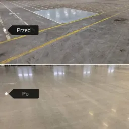 Porównanie stanu posadzki betonowej przed i po szlifowaniu: górna część zdjęcia ukazuje szarą, matową powierzchnię z widocznymi zarysowaniami i żółtymi liniami, dolna część prezentuje gładką...