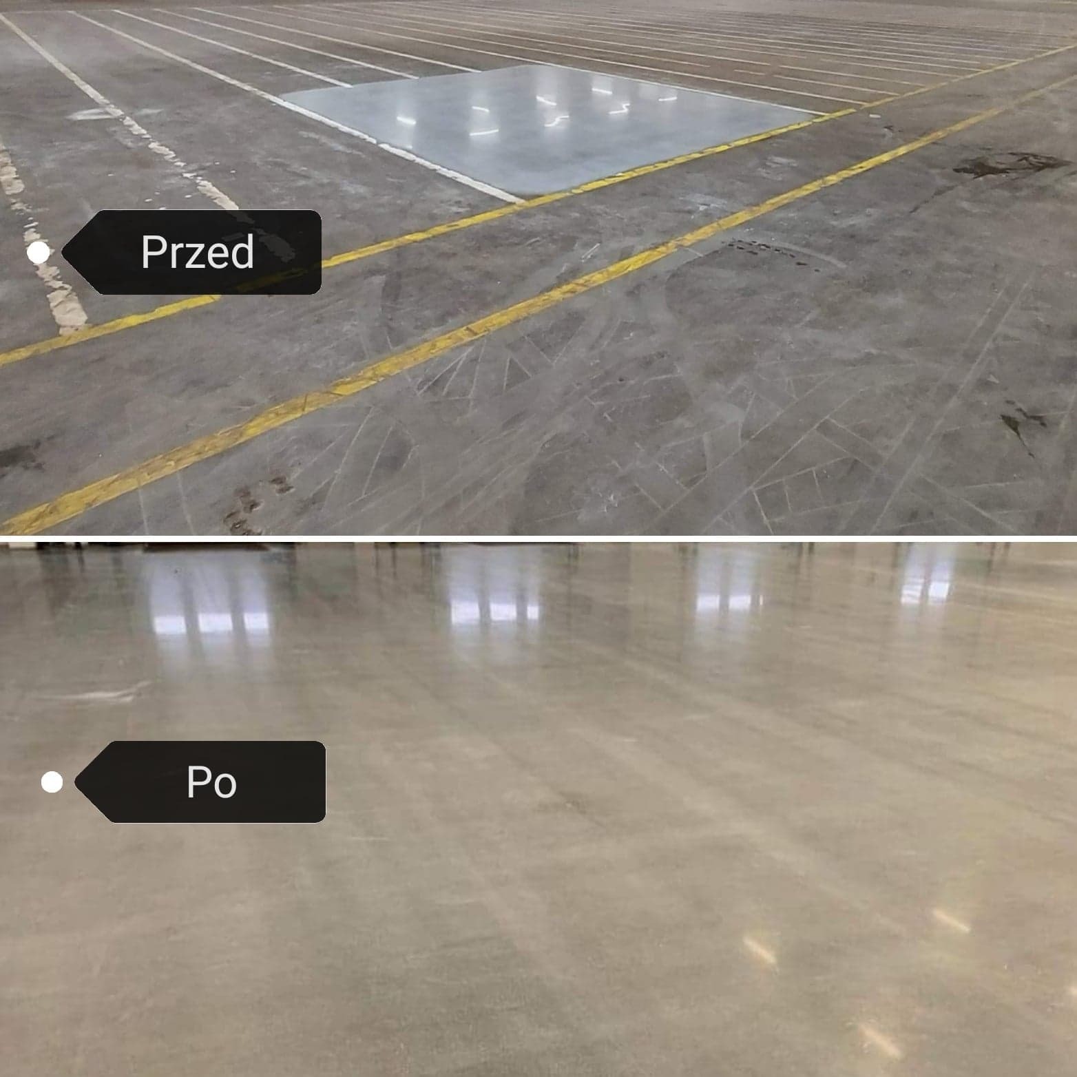 Porównanie stanu posadzki betonowej przed i po szlifowaniu: górna część zdjęcia ukazuje szarą, matową powierzchnię z widocznymi zarysowaniami i żółtymi liniami, dolna część prezentuje gładką...
