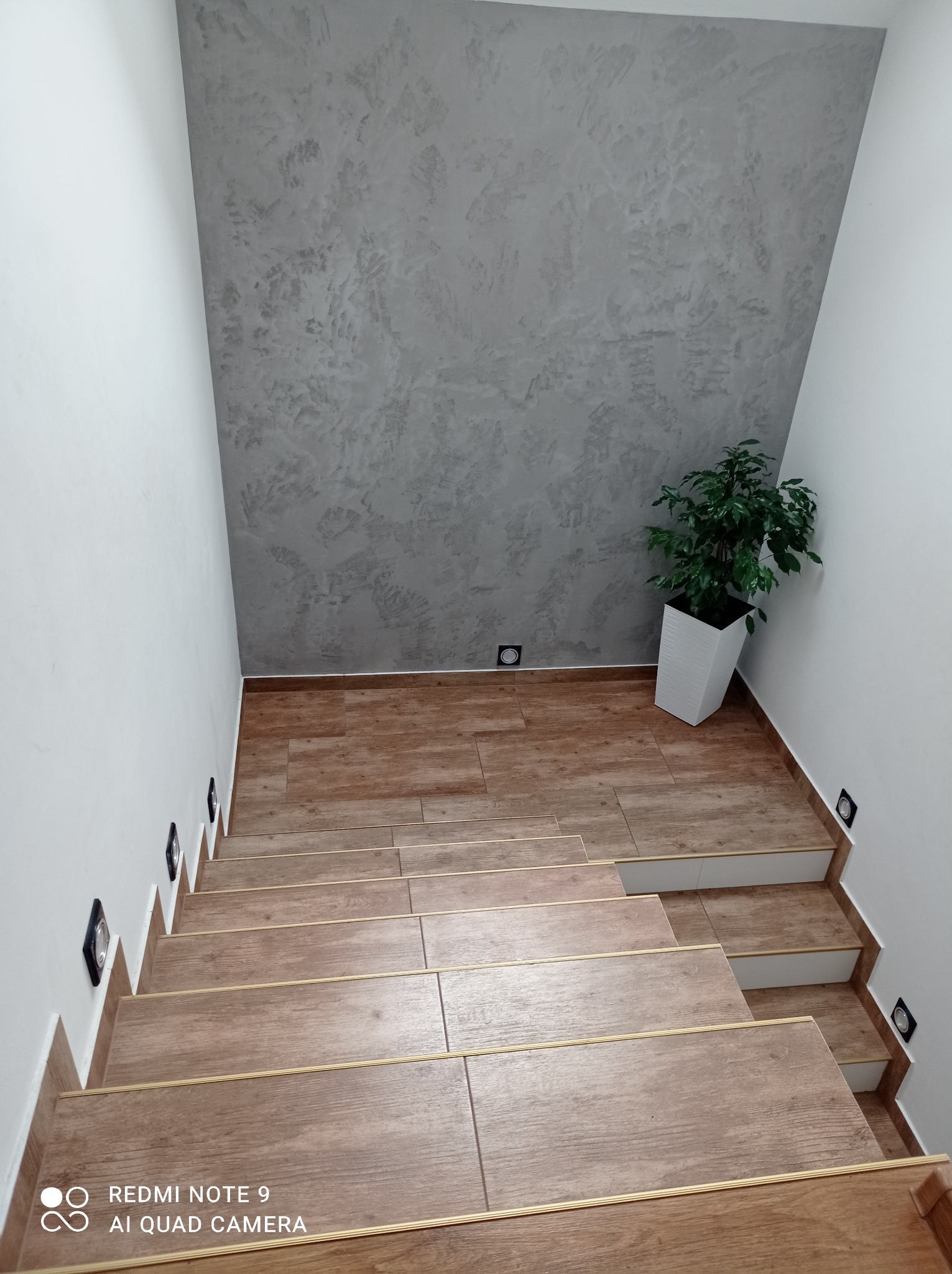 Klatka schodowa z drewnopodobnymi płytkami na stopniach i szarą ścianą dekoracyjną, oświetlenie punktowe w ścianie, roślina doniczkowa w białej osłonce.