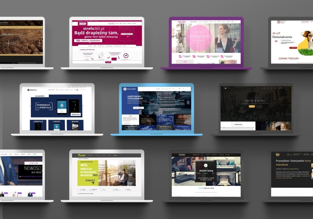 Portfolio stron internetowych wyświetlanych na laptopach o różnych kolorach obudowy, prezentacja różnorodnych projektów graficznych i układów, w tym strony z motywami biznesowymi, lifestyle'owymi...