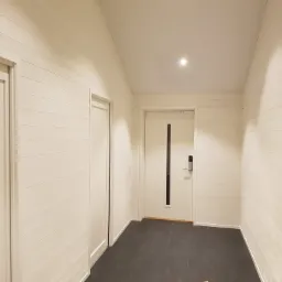 Wnętrze przedpokoju z panelami ściennymi w odcieniach bieli, ciemna podłoga, dwoje białych drzwi, oświetlenie sufitowe punktowe.