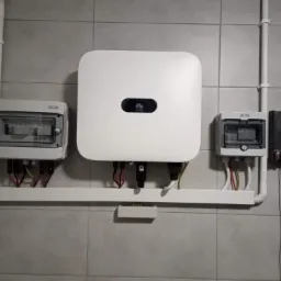 Biały inwerter Huawei zamontowany na szarej, kafelkowanej ścianie, z widocznymi przewodami i dwiema skrzynkami rozdzielczymi po bokach, całość przymocowana do ściany za pomocą białej listwy.