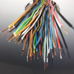 Wiązka kolorowych przewodów elektrycznych wystających z otworu w suficie, widoczne końcówki miedziane, ślady gipsu na izolacji.