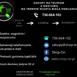 Grafika reklamowa z zielonym szopem w wózku na zakupy, informująca o zakupach telefonicznych z dostawą na terenie Białej Podlaskiej, z podanym numerem telefonu, adresem e-mail i linkiem do strony...