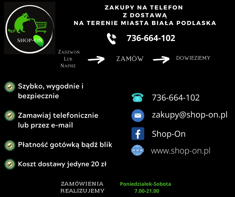 Grafika reklamowa z zielonym szopem w wózku na zakupy, informująca o zakupach telefonicznych z dostawą na terenie Białej Podlaskiej, z podanym numerem telefonu, adresem e-mail i linkiem do strony...