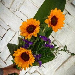 Kwiaciarnia VIVA - Bukiet słoneczników i drobnych fioletowych kwiatów, owinięty zielonymi liśćmi, trzymany w dłoni na tle białej ściany z cegieł.